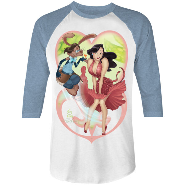 FLAMING KISS -S/S - 3/4 BASEBALL TEE - WHITE/DENIM Thumbnail