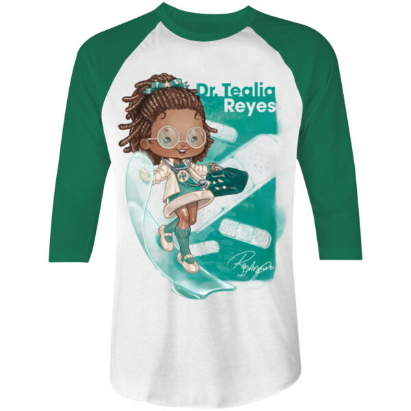 14- DR. TEALIA REYES - S/S - 3/4 BASEBALL TEE - WHITE/KELLY Thumbnail